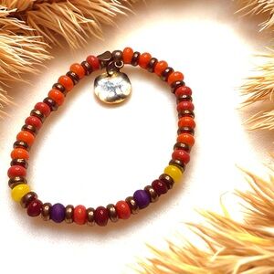Hand Crafted Orange Red Purple Yellow Beaded Bracelet with Gold Accent